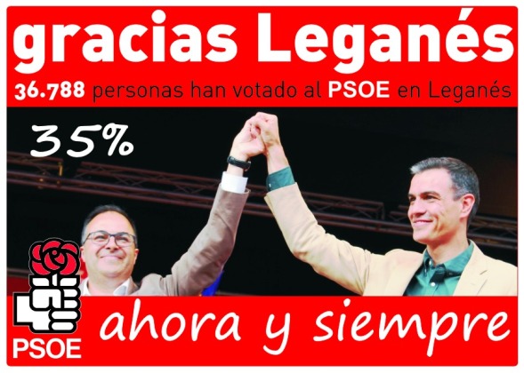 Elecciones: Más de 36.000 leganenses dan su apoyo al PSOE que mejora los últimos resultados en la ciudad